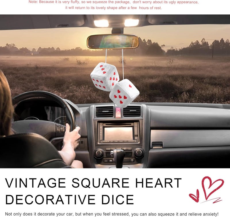 ZNDAW 2 PCS Fuzzy Plush Dice for Car Mirror, 2.75" Retro Square Heart Shape Car Rearview Mirror Cute Decor, Fluffy Dice Vehicle Hanging Ornament Decoration Interior for Women (White) - Image 5